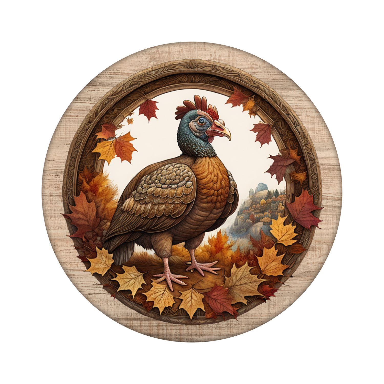 Fall Turkey Thanksgiving Round Metal Sign