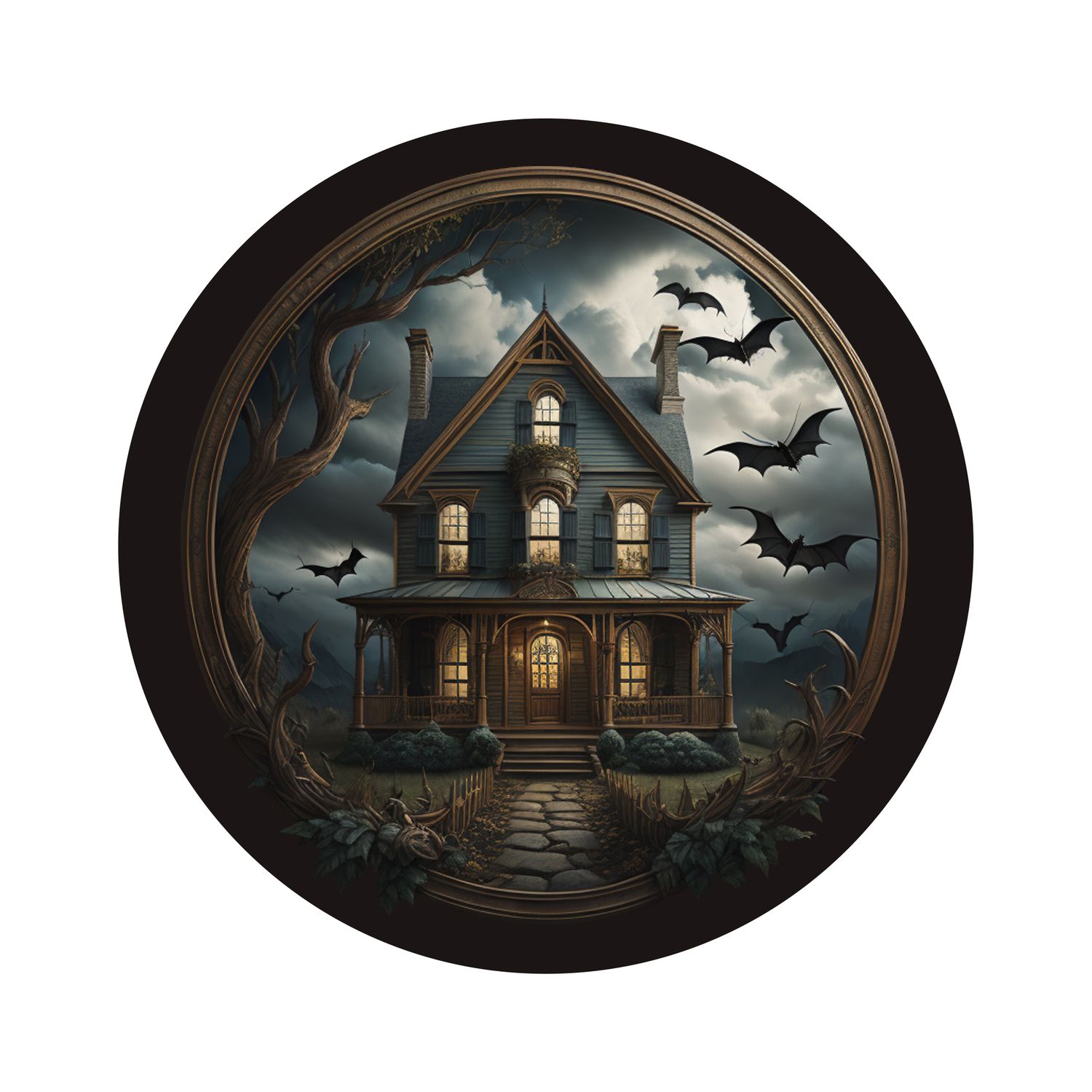 Spooky Haunted Mansion Halloween Round Metal Sign