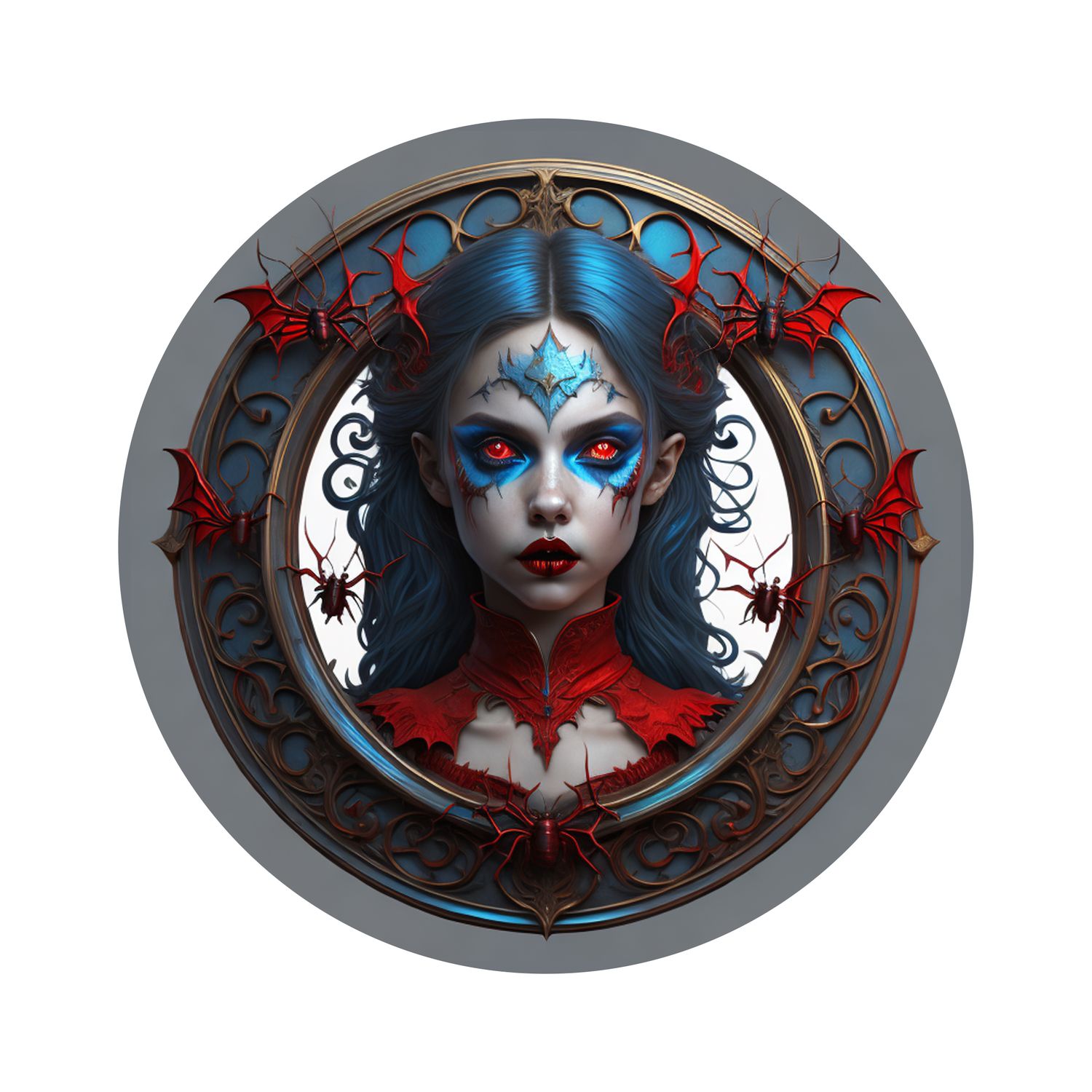 Scary Young Vampire Girl with Spiders Halloween Round Metal Sign