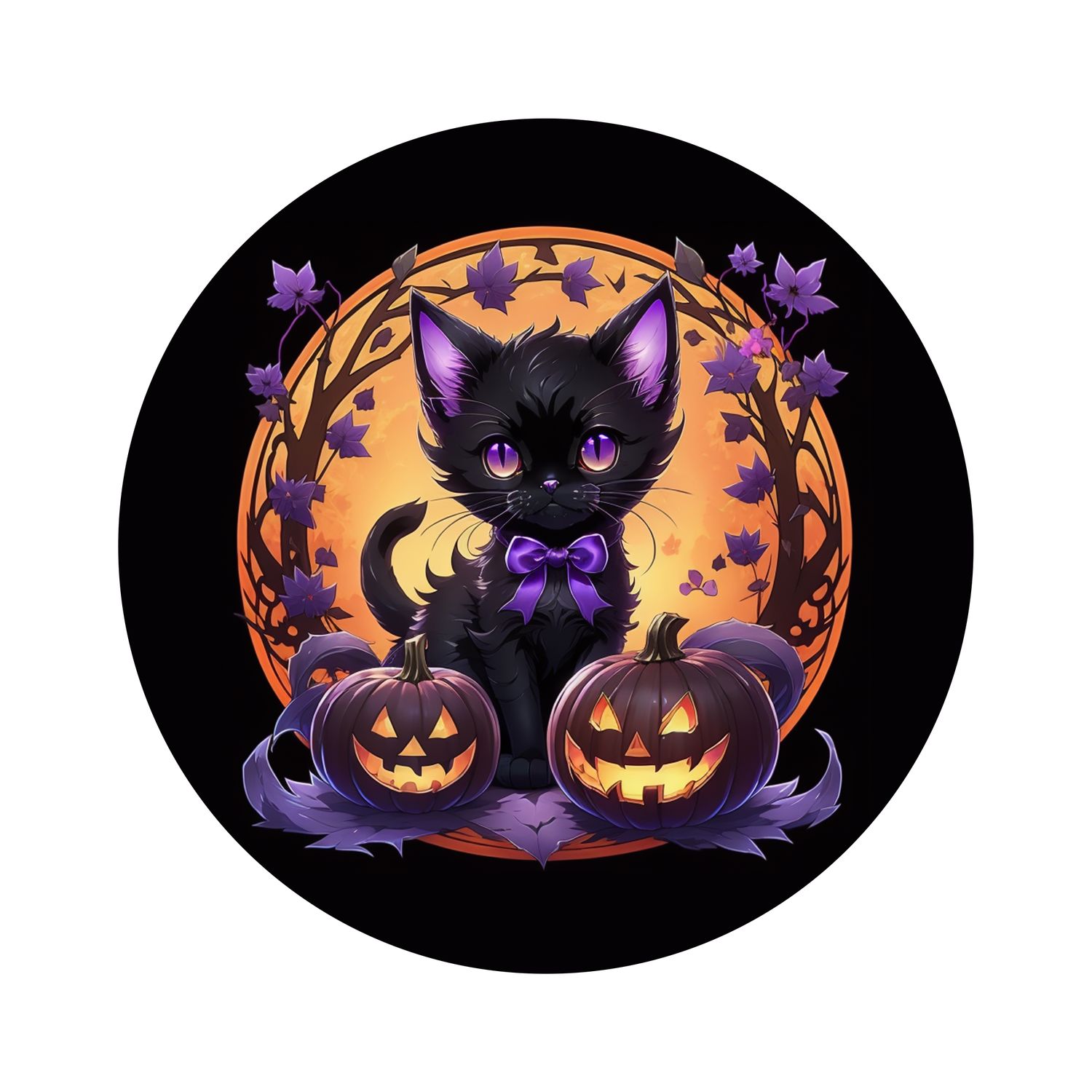 Cute Black Kitten and Jack O Lanterns Halloween Round Metal Sign