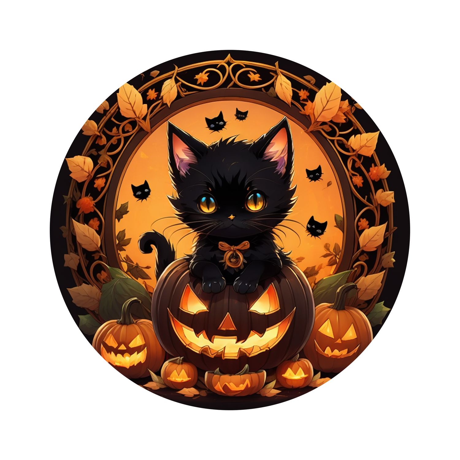 Cute Black Kitten in Jack O Lantern Halloween Round Metal Sign