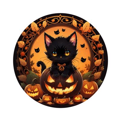 Cute Black Kitten in Jack O Lantern Halloween Round Metal Sign