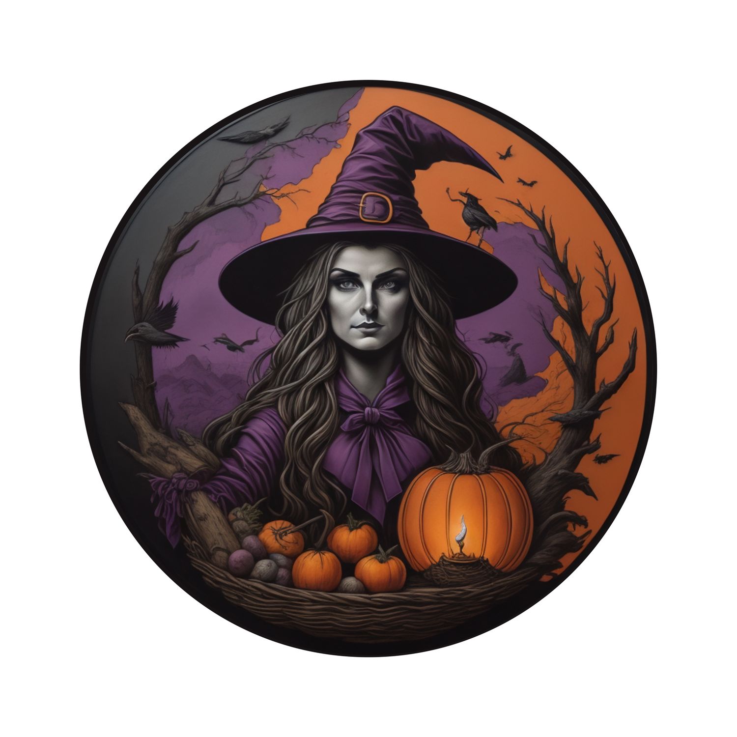 Spooky Witch with pumpkins Halloween Round Metal Sign