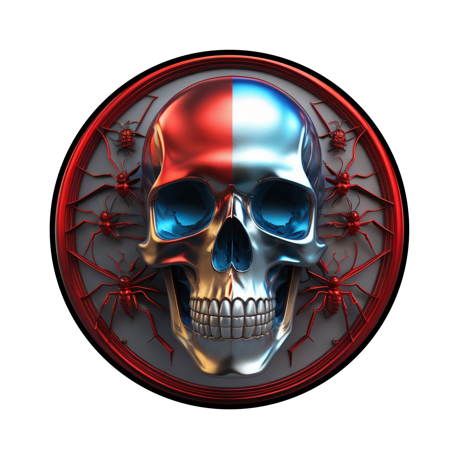 Red and Blue Metallic Skull with Spiders Halloween Round Metal Sign