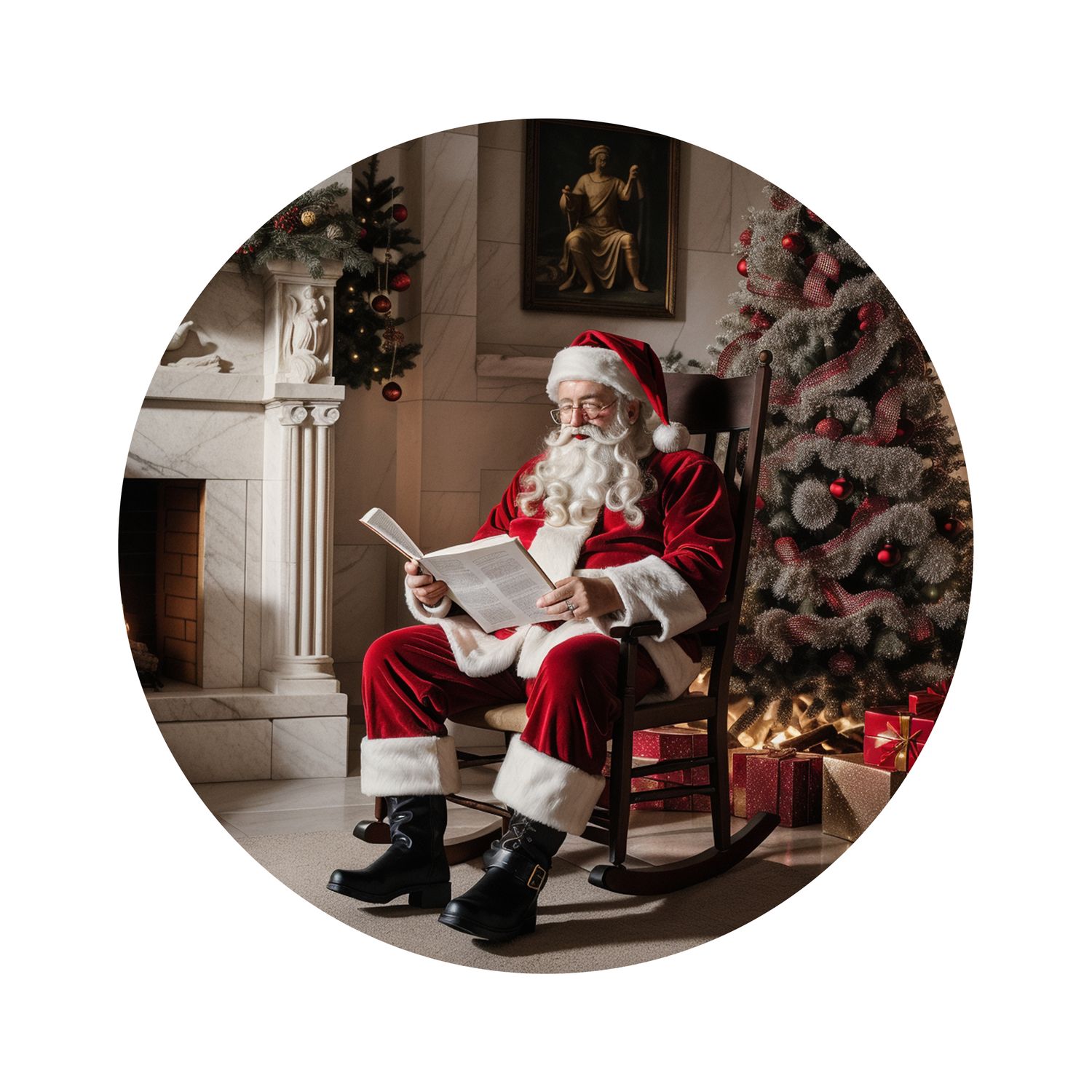Santa Claus in rocking chair reading Christmas Round Metal Sign
