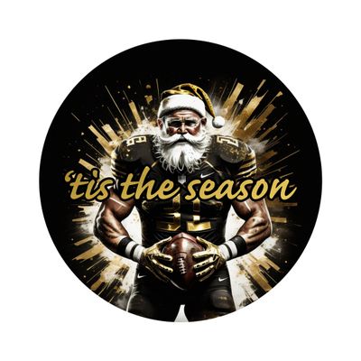 Black and Gold Football player Muscle Santa Claus Tis the season New Orleans Louisiana Christmas Round Metal Sign