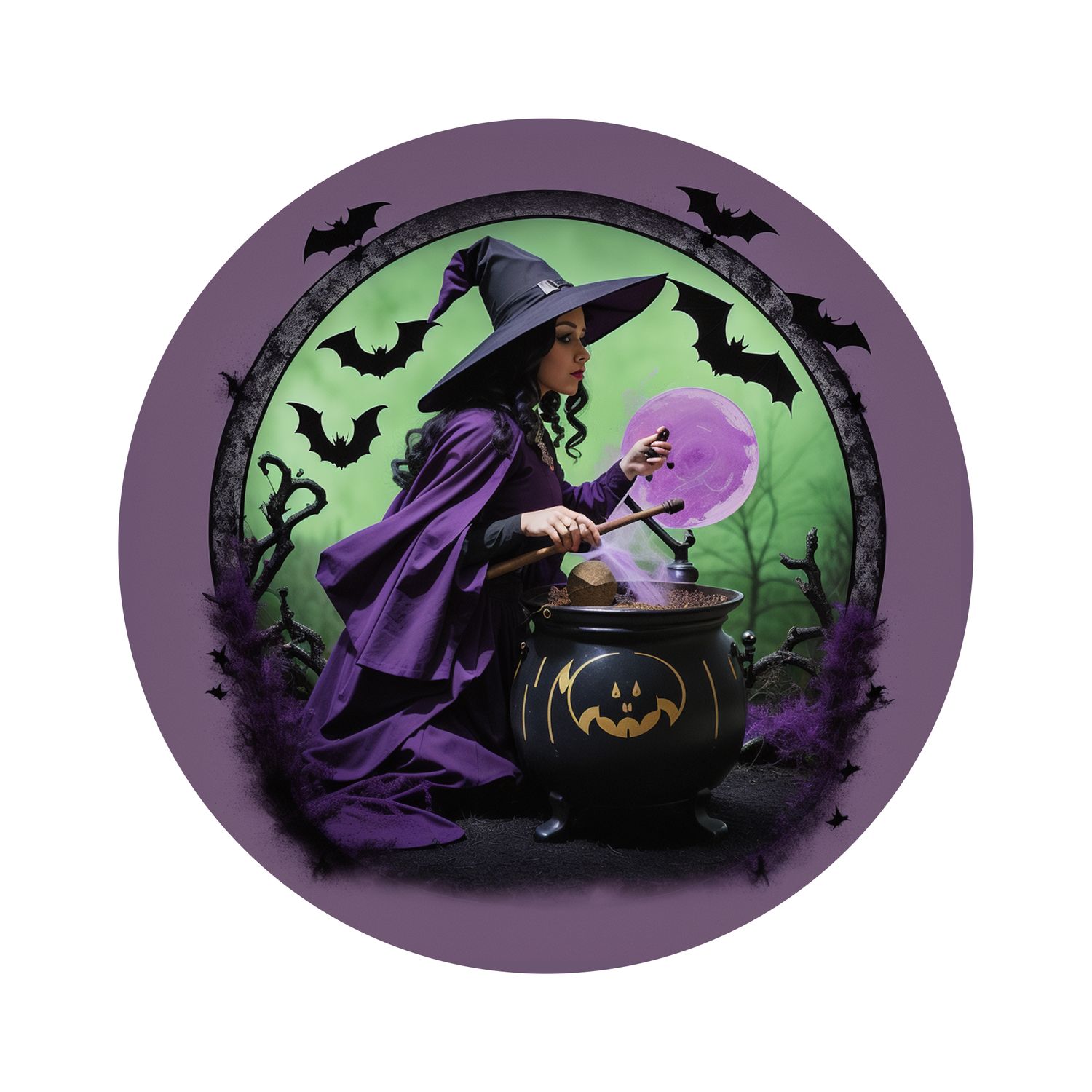 Witch with cauldron and bats Halloween Round Metal Sign