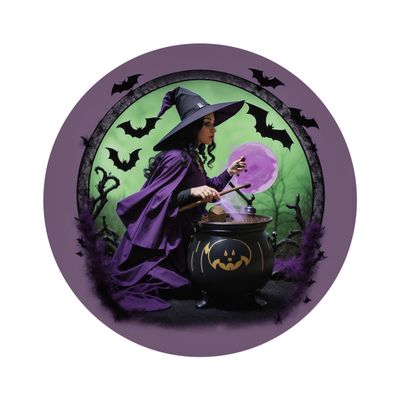 Witch with cauldron and bats Halloween Round Metal Sign