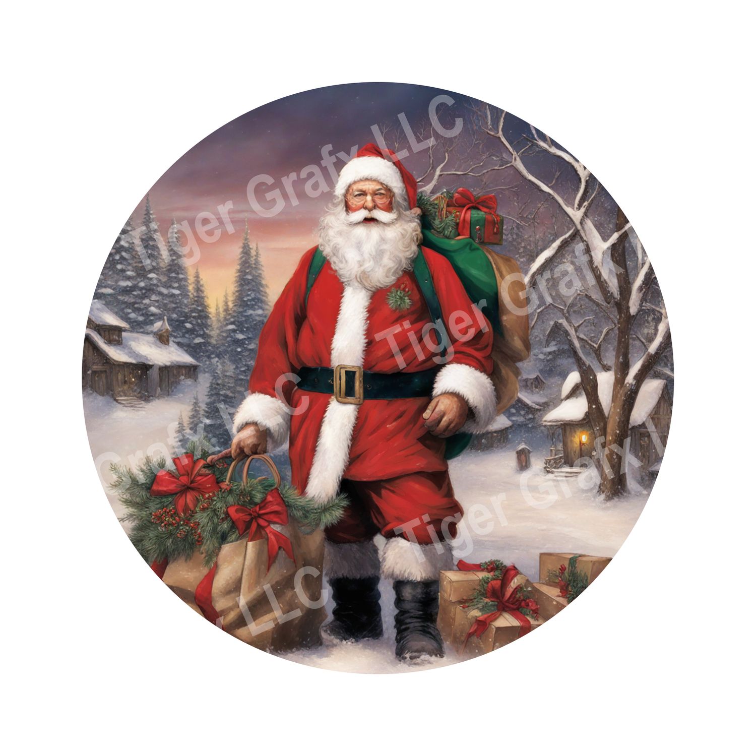 Classic Santa Claus with presents Christmas Round Metal Sign