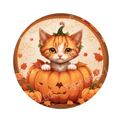 Cute Kitten in Jack O Lantern Halloween Round Metal Sign