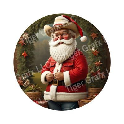 Western Santa Claus with cowboy hat Christmas Round Metal Sign