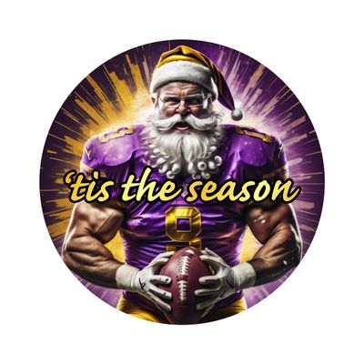 Purple and Gold Football player Muscle Santa Claus Tis the season Louisiana Christmas Round Metal Sign