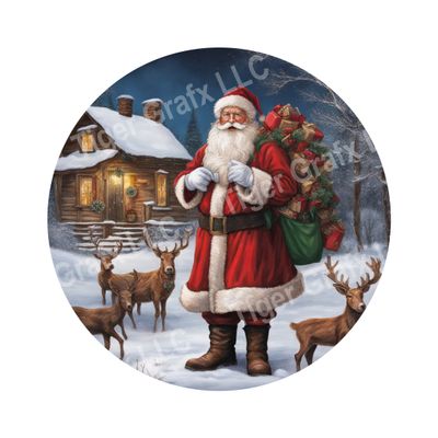 Classic Santa Claus with Reindeer Christmas Round Metal Sign