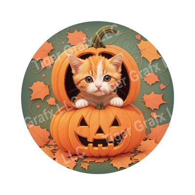 Cute Kitten in Jack O Lantern Halloween Round Metal Sign