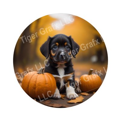 Cute puppy with pumpkins Fall Halloween Round Metal Sign