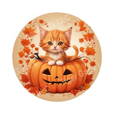 Cute Kitten in Jack O Lantern Halloween Round Metal Sign