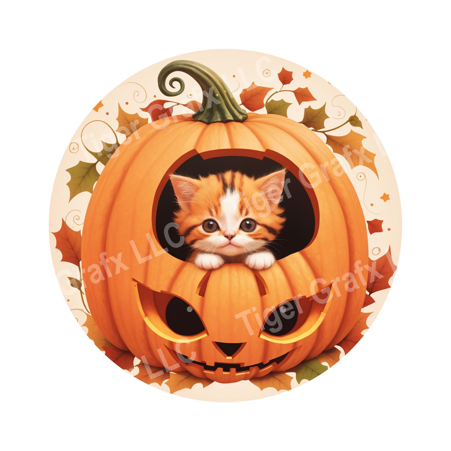 Cute Kitten in Jack O Lantern Halloween Round Metal Sign