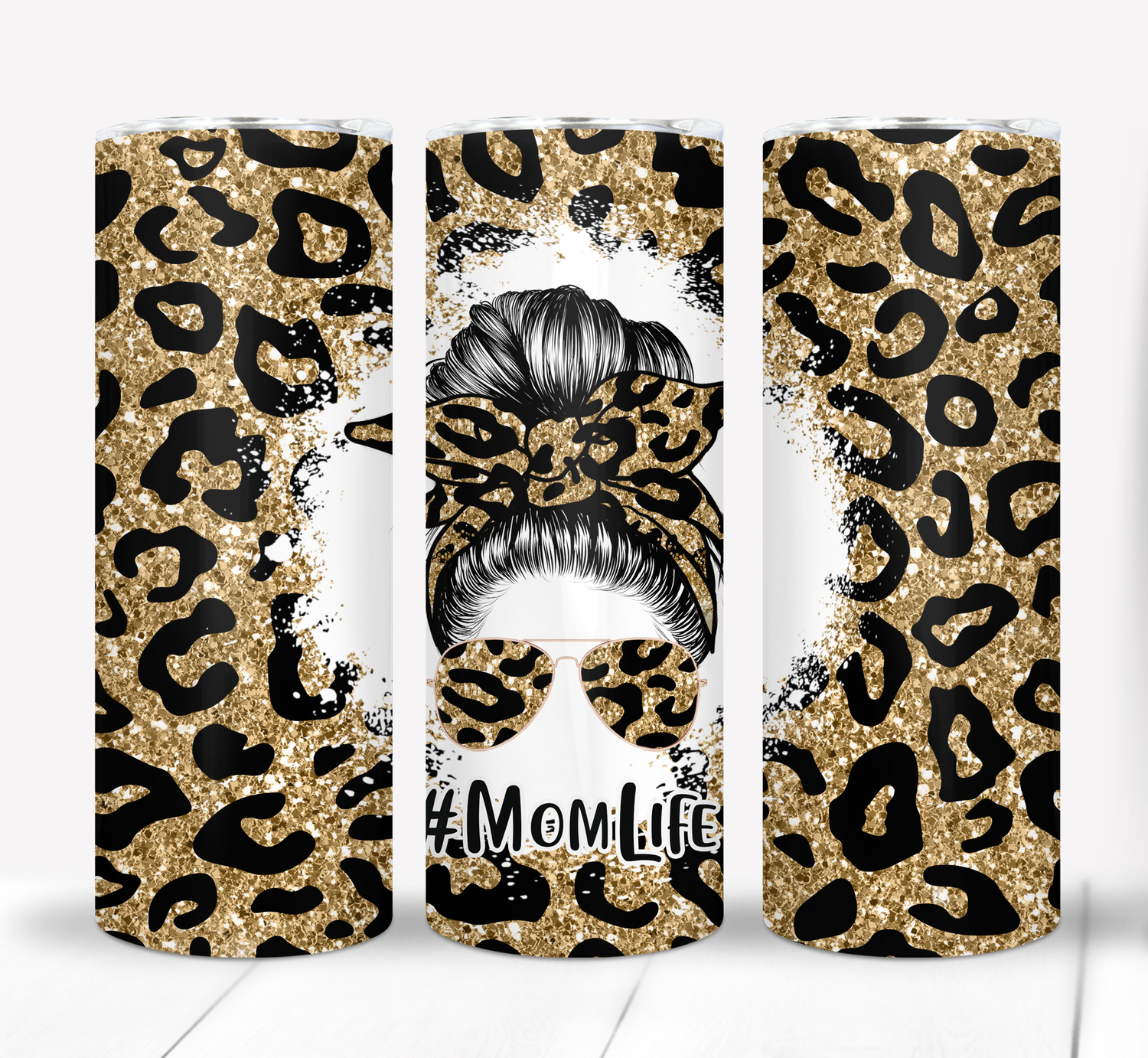 Mom Life Leopard Print Messy Bun 20 ounce Skinny Tumbler