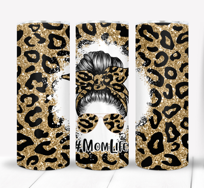 Mom Life Leopard Print Messy Bun 20 ounce Skinny Tumbler