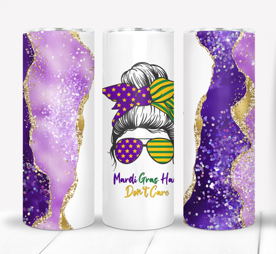 Mardi Gras Hair Don&#39;t Care Messy Bun 20 ounce Skinny Tumbler