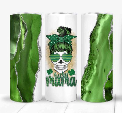 Lucky Mama Green Messy Bun Irish St Patrick&#39;s Day 20 ounce Skinny Tumbler