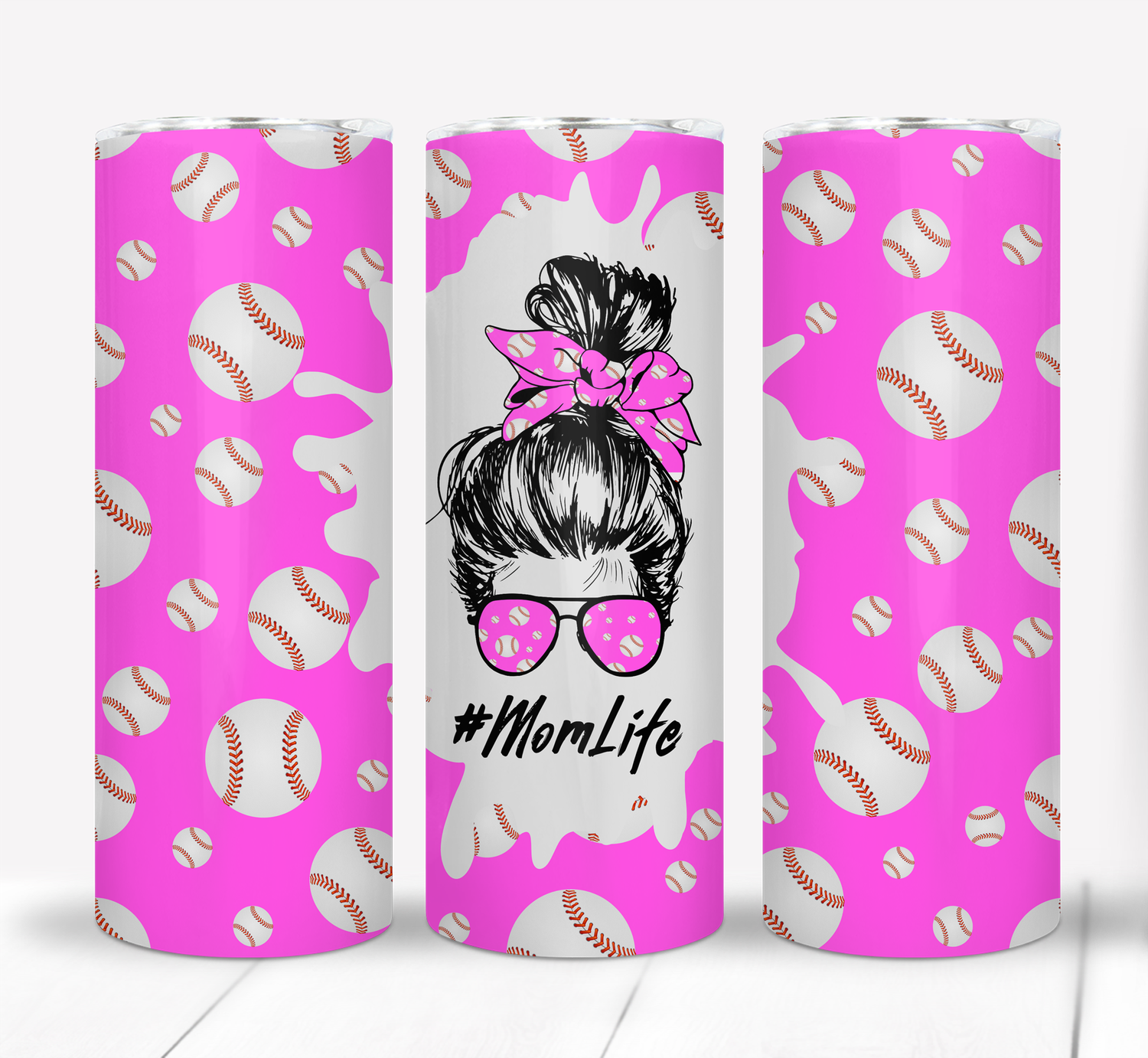 Pink Mom Life Messy Bun Baseball 20 ounce Skinny Tumbler