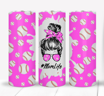 Pink Mom Life Messy Bun Baseball 20 ounce Skinny Tumbler