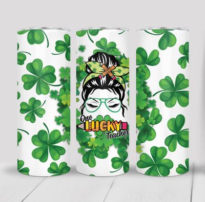 One Lucky Teacher Shamrock Back to School St Patrick&#39;s Day 20 ounce Skinny Tumbler