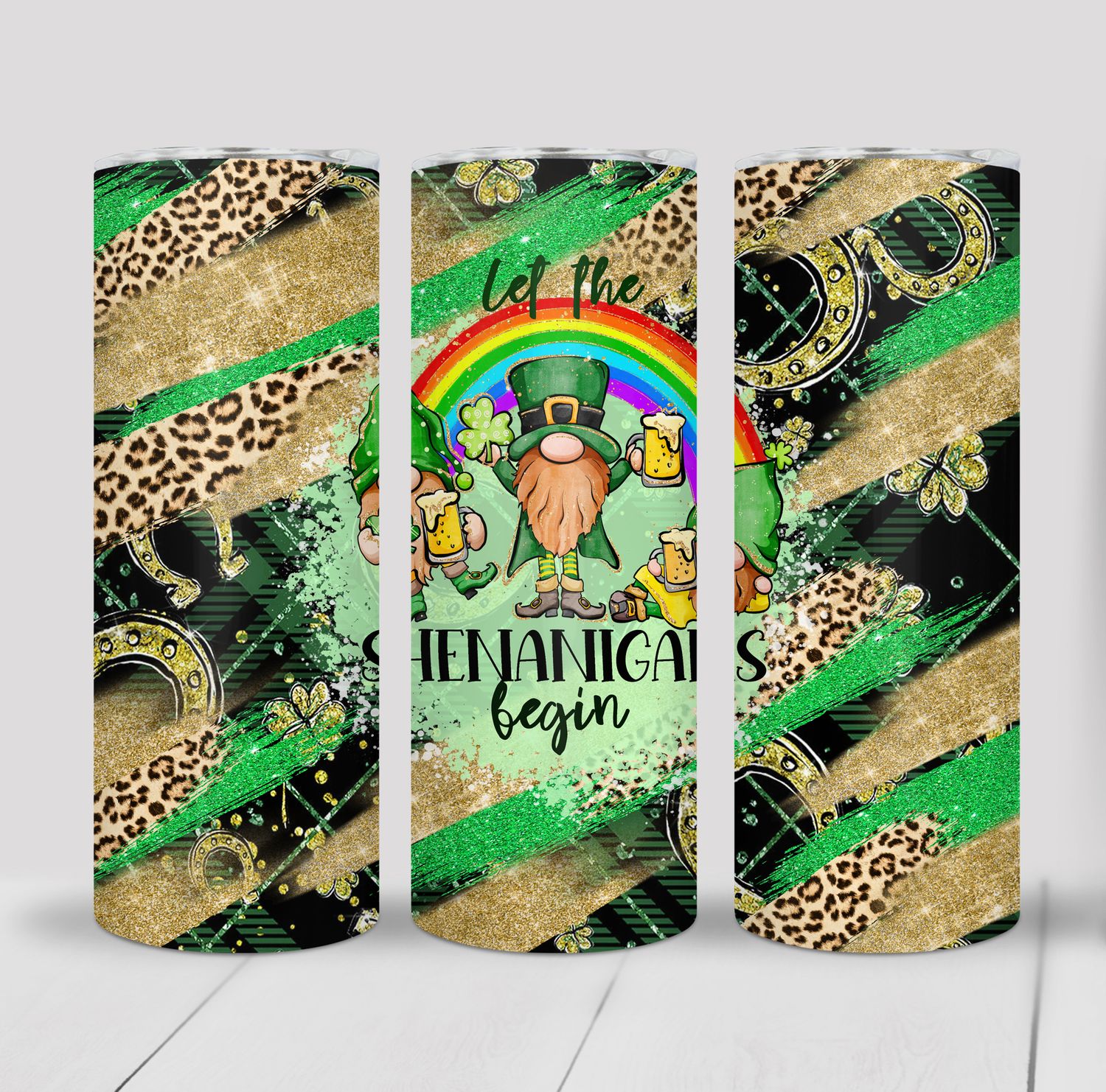 Let the Shenanigans Begin Leprechaun Shamrock Leopard Print Pub Crawl St Patrick&#39;s Day 20 ounce Skinny Tumbler