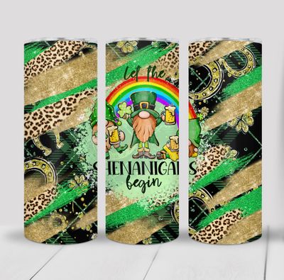 Let the Shenanigans Begin Leprechaun Shamrock Leopard Print Pub Crawl St Patrick&#39;s Day 20 ounce Skinny Tumbler