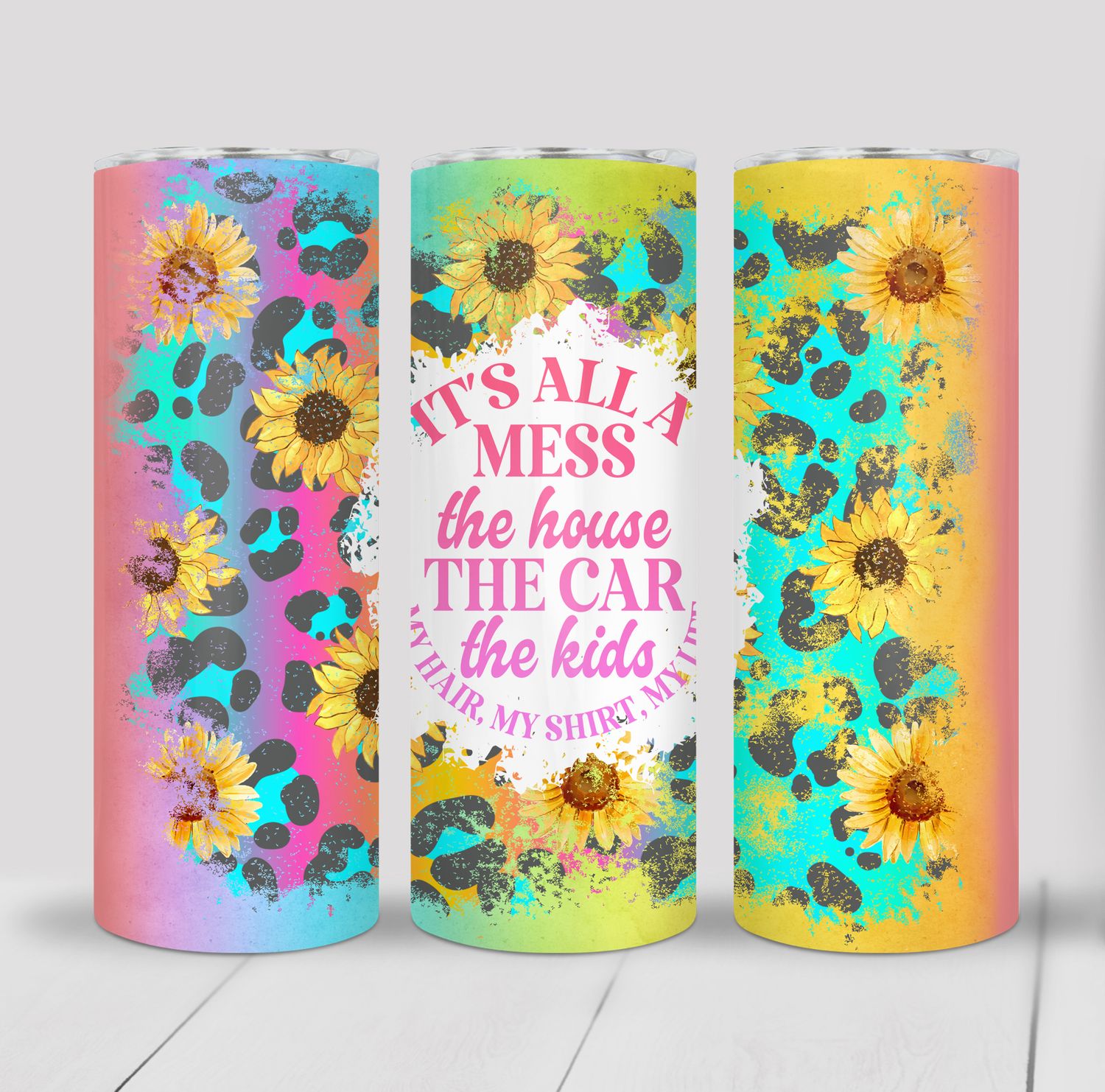 Colorful It&#39;s all a Mess Mom Life 20 ounce Skinny Tumbler