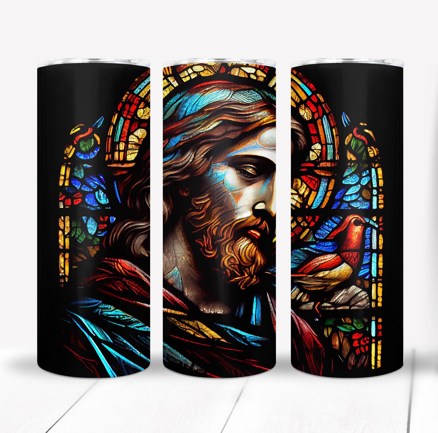 Jesus Christ Colorful Stained Glass Religious 20 ounce Skinny Tumbler