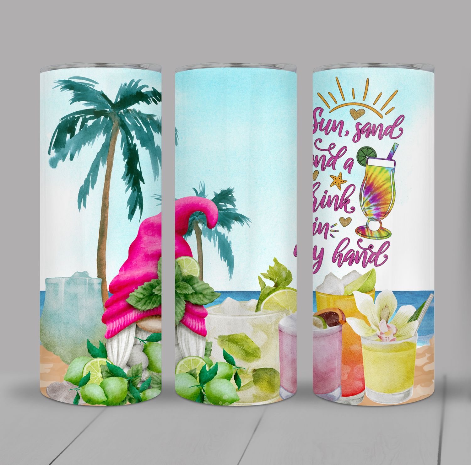 Sun Sand and a Drink in my hand Beach Gnome 20 ounce Skinny Tumbler