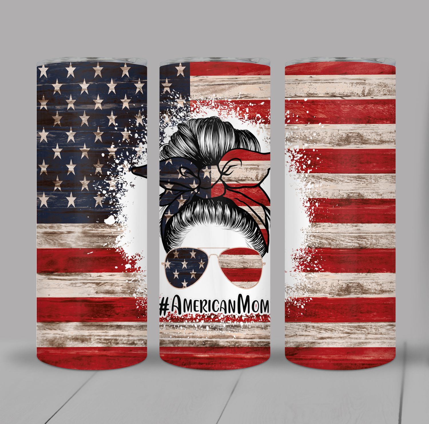 American Mom Messy Bun Patriotic 20 ounce Skinny Tumbler