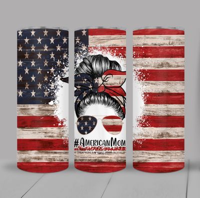 American Mom Messy Bun Patriotic 20 ounce Skinny Tumbler