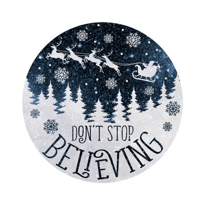 Don&#39;t Stop Believing Santa Claus Flying Sleigh Christmas Round Metal Sign