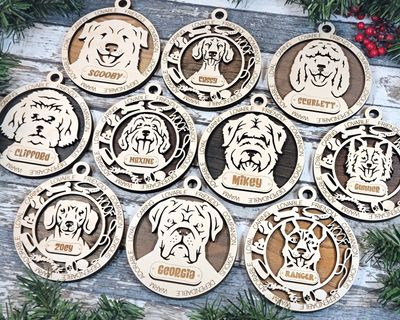 Custom Personalized laser cut and engraved wood dog Christmas ornaments