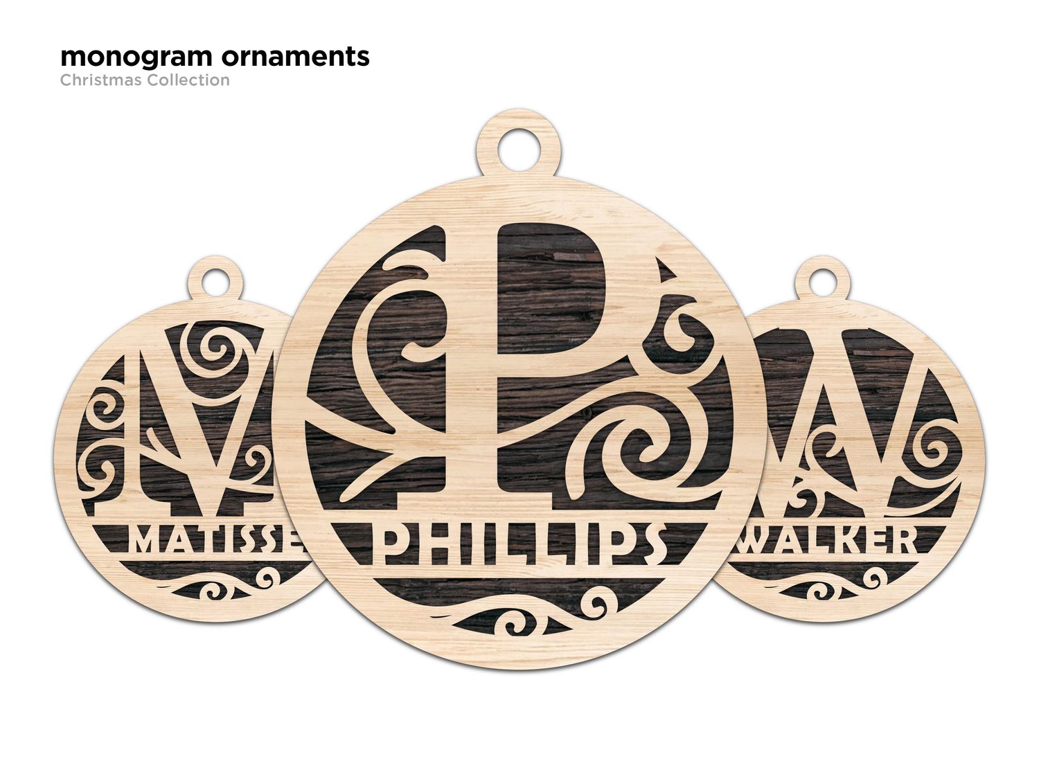 Monogram Custom Personalized laser cut and engraved wood Christmas ornaments