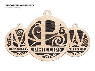 Monogram Custom Personalized laser cut and engraved wood Christmas ornaments