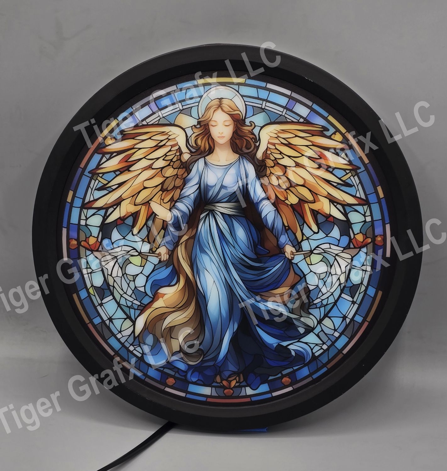 illuminated faux stained-glass angel round sign