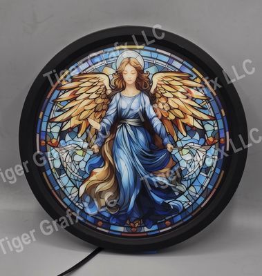 illuminated faux stained-glass angel round sign