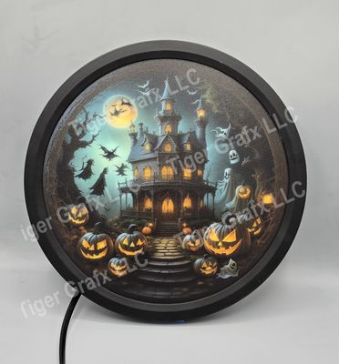 illuminated haunted house round sign