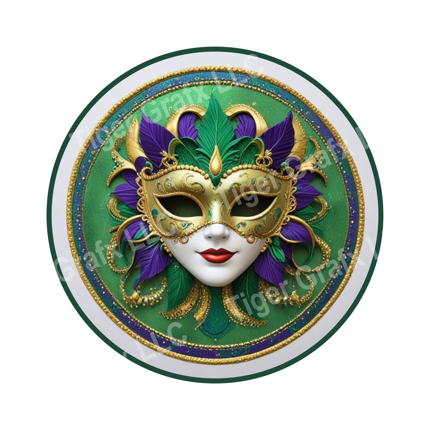 Mardi Gras Mask with feathers - purple green and gold Round Metal Sign