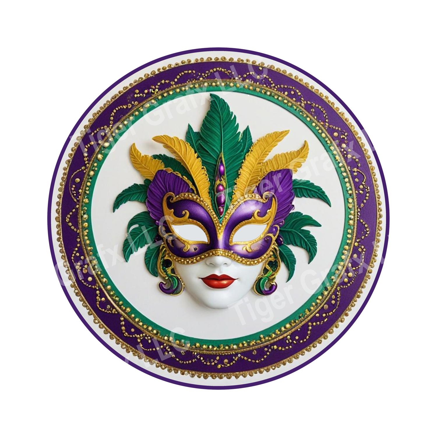 Mardi Gras Mask with feathers - purple green and gold Round Metal Sign