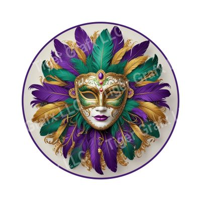 Mardi Gras Mask with feathers - purple green and gold Round Metal Sign