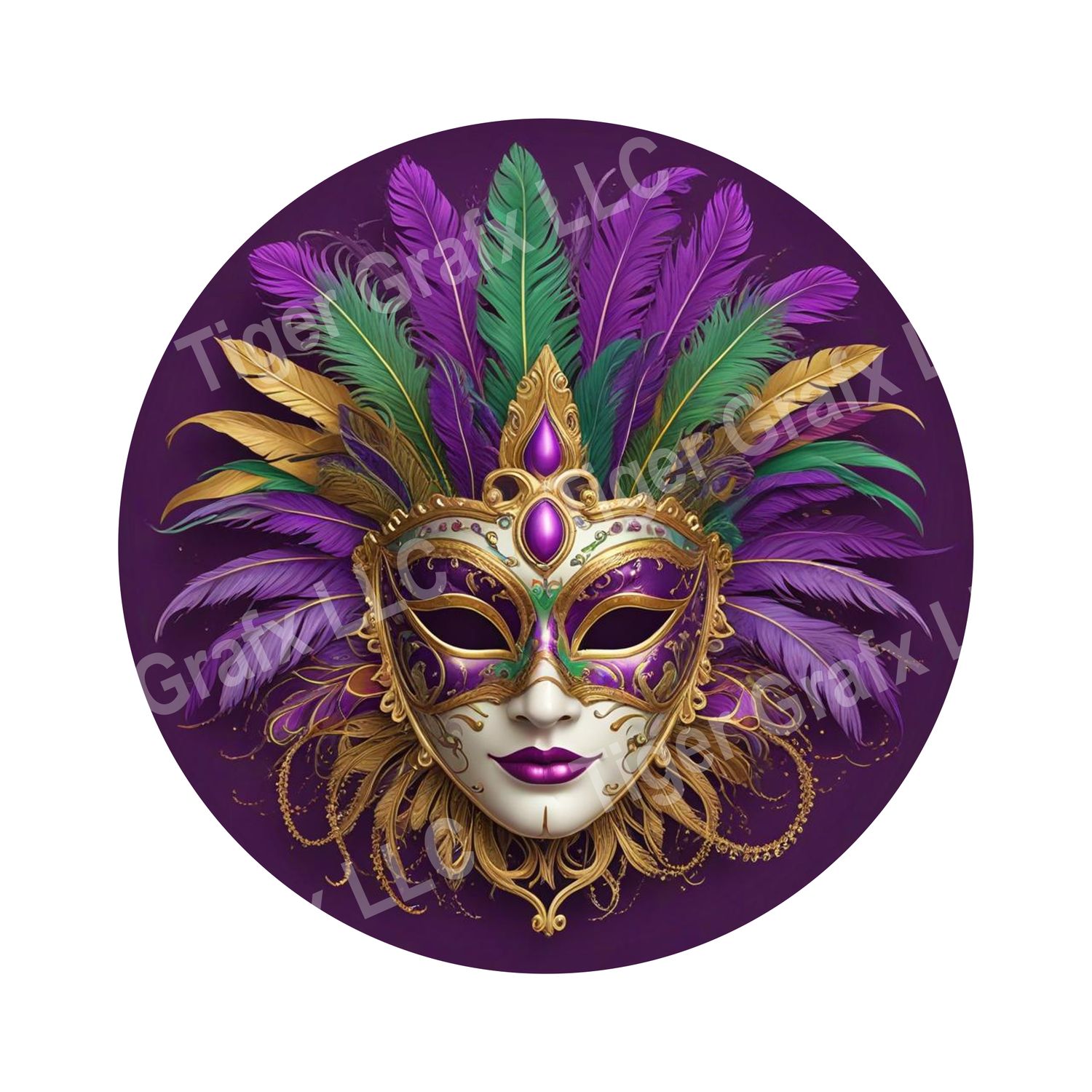 Mardi Gras Mask with feathers - purple green and gold Round Metal Sign