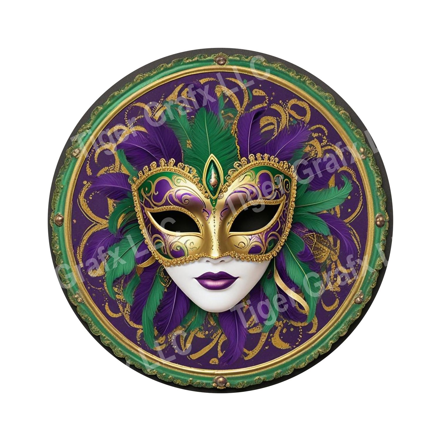 Mardi Gras Mask with feathers - purple green and gold Round Metal Sign