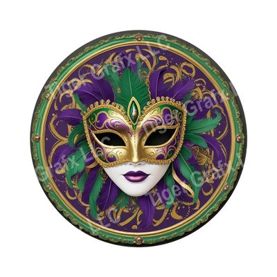 Mardi Gras Mask with feathers - purple green and gold Round Metal Sign