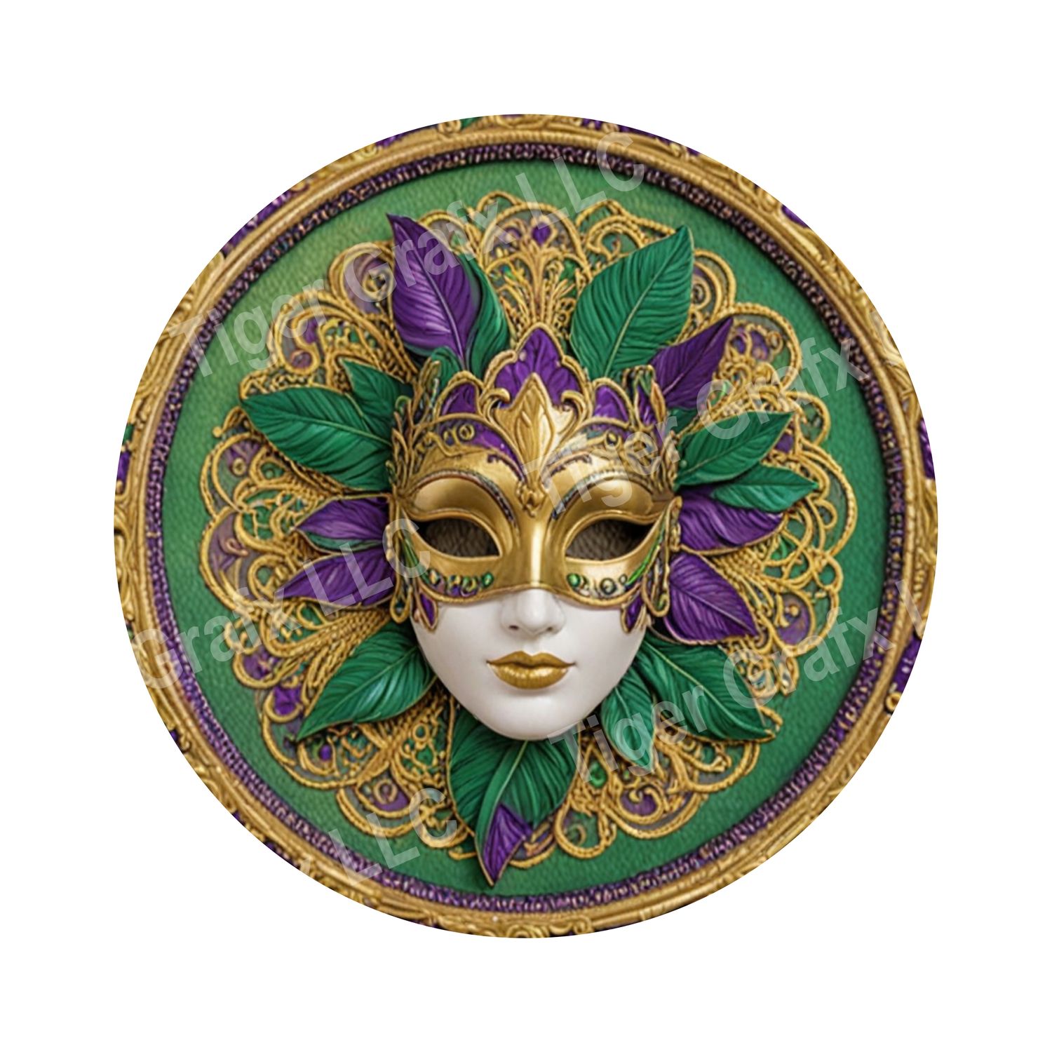 Mardi Gras Mask with feathers - purple green and gold Round Metal Sign