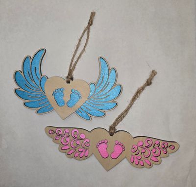 Baby foot prints Angel wings - Laser cut wood Christmas ornaments